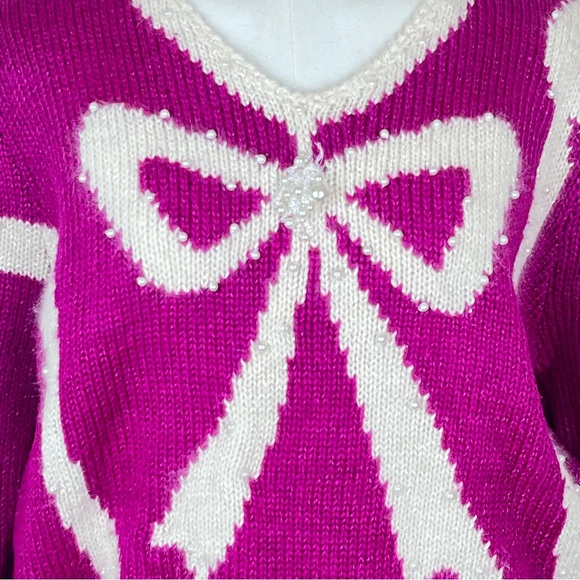 Vintage Jaclyn Smith Sweater Womens Medium Pink 80s 90s Beaded Bow Wool Angora - Picture 3 of 12